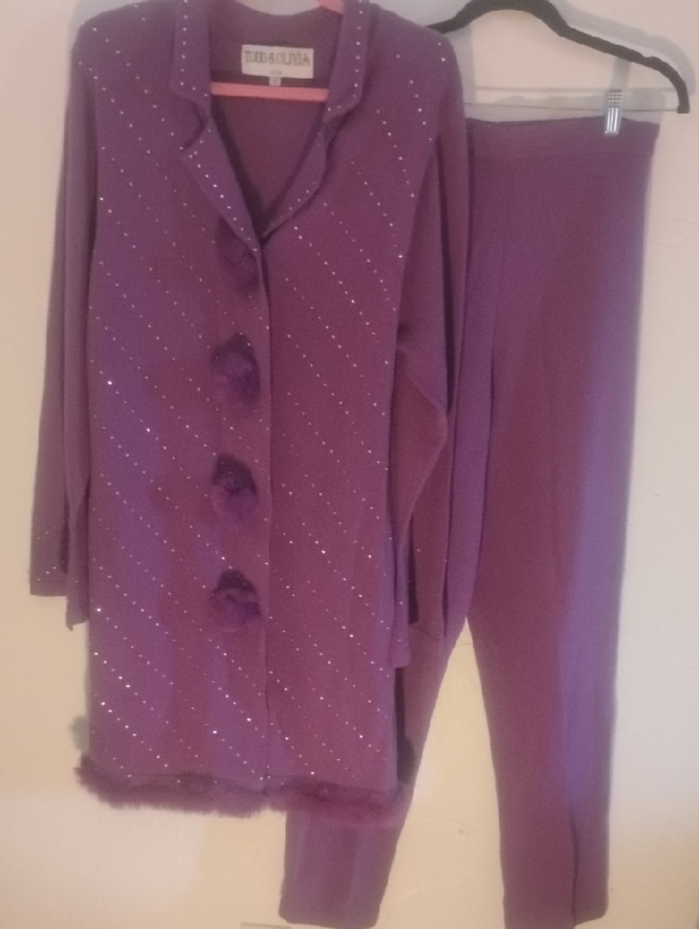 Todd & Olivia Purple Rhinestone Fur Dress Coat Pants Set New Sz 14 Drag Queens